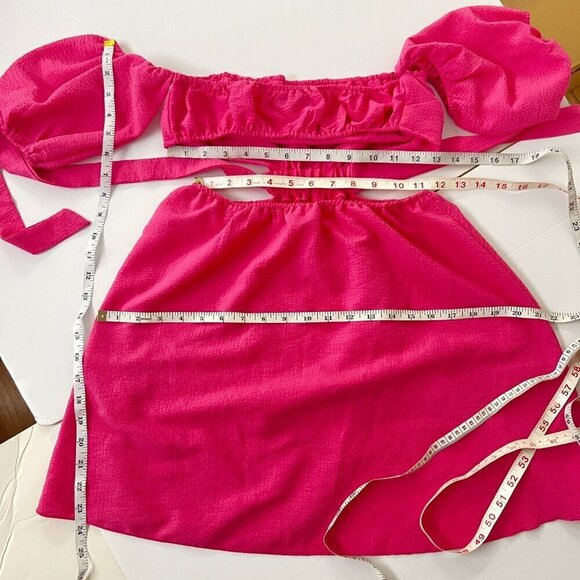 Shein Hot Pink Off‎ Shoulder Puff Sleeve Cutout Tie Back A-Line Mini Dress Sz S - Picture 10 of 10